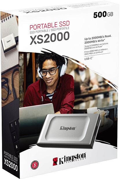 Твердотельный накопитель Kingston SSD XS2000, 2000GB, Portable Type-C, USB 3.2 Gen 2x2, R/W 2000/2000MB/s, IP55, 70x33x14mm, Silver - 1